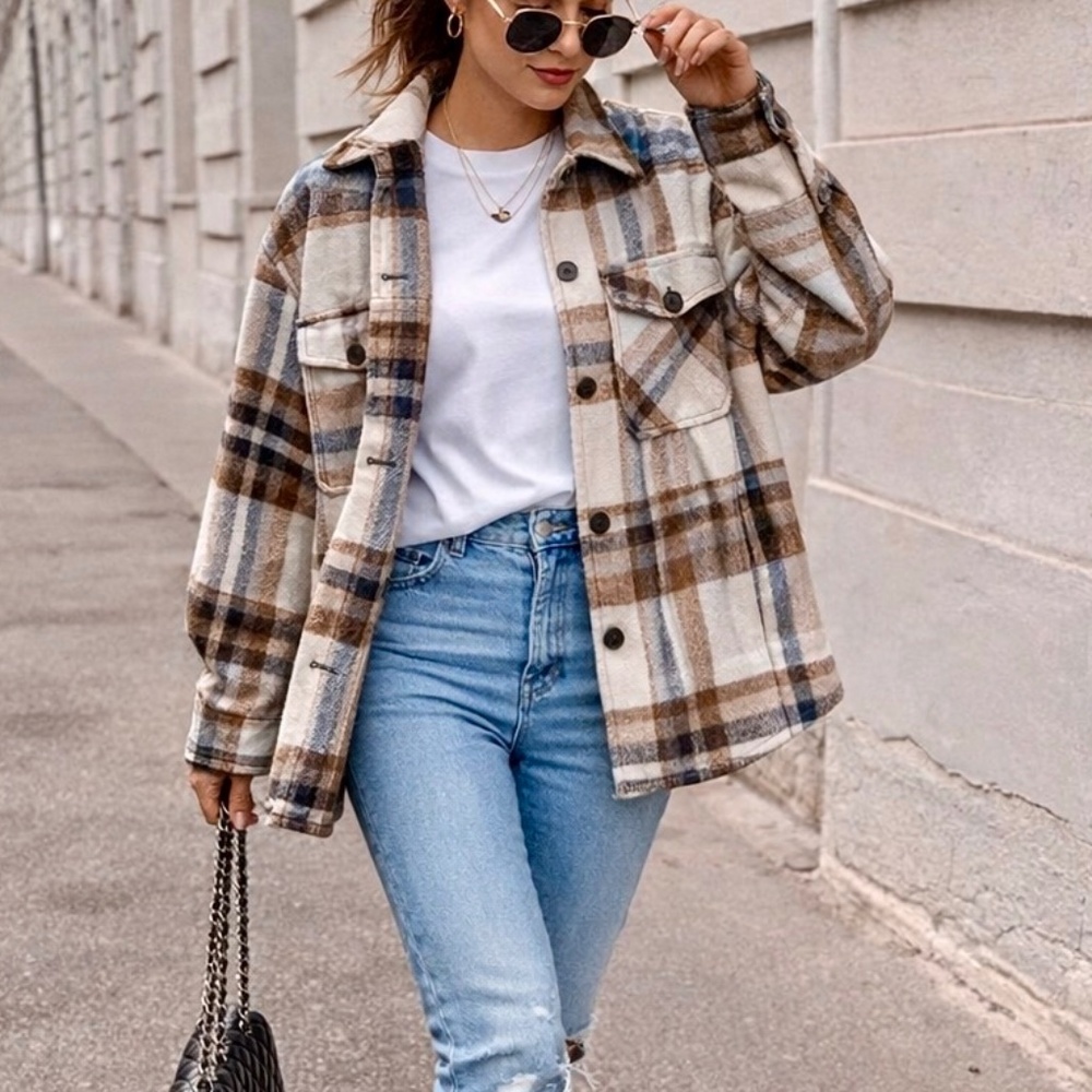 Zara‎ Women’s Plaid Button-Front Shacket Neutral Overshirt